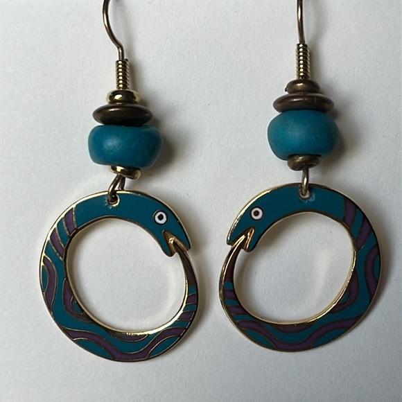 Laurel Burch Serpentine Snake Enamel Gold Circle Dangle Drop Hook Earrings - Picture 1 of 11